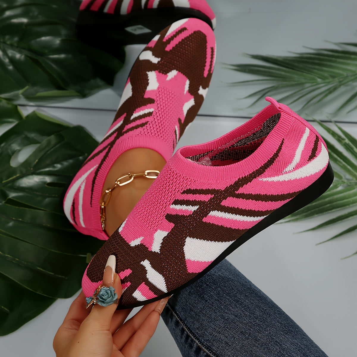 Women's Camouflage Pattern Flat Shoes, Breathable Knit Slip On Outdoor Shoes, Lightweight Low Top Shoes